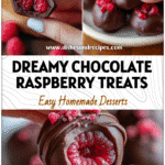 Hand holding glossy chocolate raspberry bites presented in Healthy Dessert Recipes Aesthetic style.
